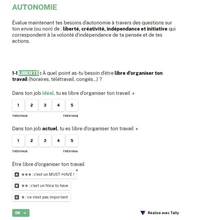 1ere question du baromètre d'alignement professionnel développé par Ignition Program